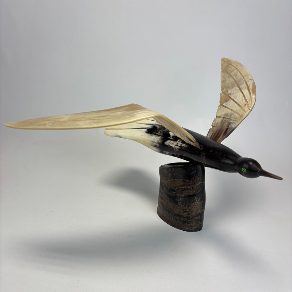 Vintage Carved Horn Bird Sculpture Stylized Hand Carved Crafted Bull Horn Art